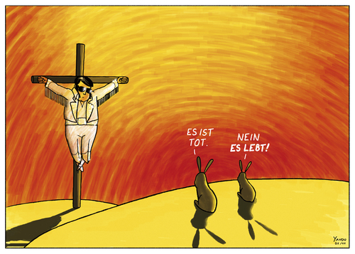 Cartoon: ES LEBT! (medium) by Yavou tagged elvis,aaron,presley,the,king,jesus,yavou,kreuzigung,crucifixion,kreuz,gekreuzigt,hasen,kaninchen,rabbit,cartoon,desert,wüste,elvis presley,pop,king of pop,kreuzigung,jesus christus,hasen,gekreuzigt,kreuz,wüste,religion,elvis,presley,king,of,jesus,christus