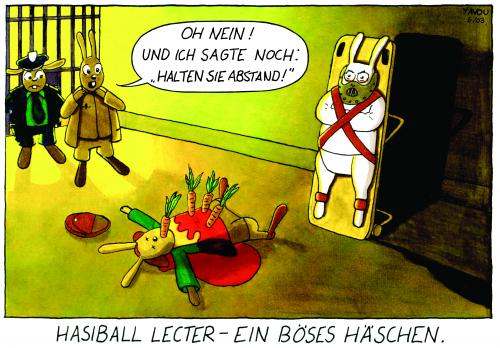 Cartoon: Hasiball (medium) by Yavou tagged yavou,kartunz,easter,cartoon,osterhase,lecter,hannibal,wärter,polizei,kitchen,knast,jail,gefängnis,zelle,kaninchen,hase,osterhase,ostern,hase,tier,tiere,kaninchen,karotte,hannibal lecter,psycho,psyche,gefängnis,knast,zelle,mörder,mord,massenmörder,film,kino,hannibal,lecter