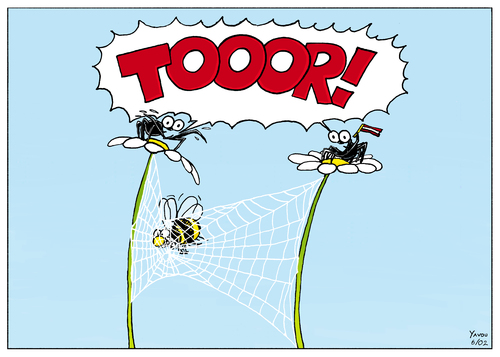 Cartoon: TOOOR! (medium) by Yavou tagged abelha,kartunz,abeilles,ari,bee,fleur,flor,fiore,cartoon,yavou,aranha,de,teia,agi,örümcek,arana,ragno,araignee,web,spiders,spinnennetz,netz,net,spider,fly,gefangen,biene,hummel,blumen,spinne,fussball,tor,insekten,flowers,fussball,fußball,tor,insekten,hummel,biene,gefangen,spinnennetz,netz,natur,fangen,falle
