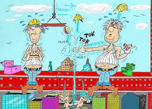 Cartoon: Lunchtime Atop A Skyscraper (medium) by Mittitom tagged hochhaus,husten,essen,baustelle,unfall