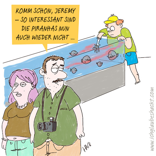Cartoon: Komm schon Jeremy (medium) by ichglaubeshackt tagged jeremy,piranha,zoo,aquarium,fische,eltern,kinder