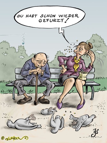 Cartoon: Eine typische Parkidylle (medium) by KritzelJo tagged tauben,parkbank,park,mann,frau,paar,furz,bestialisch