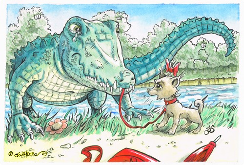 Cartoon: Krokodilstränen (medium) by KritzelJo tagged krokodilstränen,schnappi,krokodil,hündchen,schleife,bach,bäume,regenschirm,handtasche,hundeleine