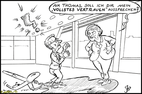 Cartoon: Wenn im Kanzleramt gedroht wird (medium) by KritzelJo tagged merkel,maiziere,eurohawk,vertrauen,bundeskanzleramt,bundeskanzlerin,verteidigungsminister