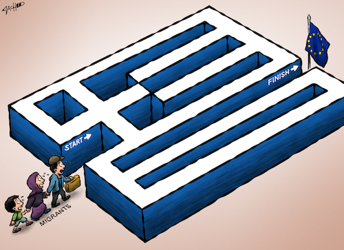 Cartoon: Greek Maze (medium) by cartoonistzach tagged greece,syria,refugee,migrant,humanrights,war,violence,eu,europe,turkey,maze,greece,syria,refugee,migrant,humanrights,war,violence,eu,europe,turkey,maze