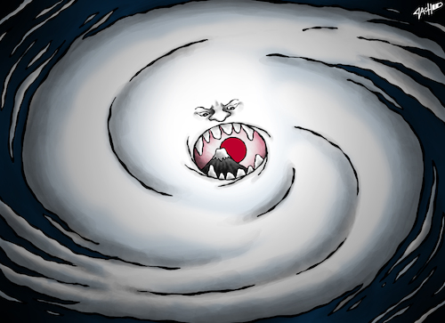 Cartoon: Swallowed by Storm (medium) by cartoonistzach tagged japan,disaster,weather,typhoon,supertyphoon,storm,hagibis,hurricane,japan,disaster,weather,typhoon,supertyphoon,storm,hagibis,hurricane,wetter,sturm,klima,naturkatastrophe