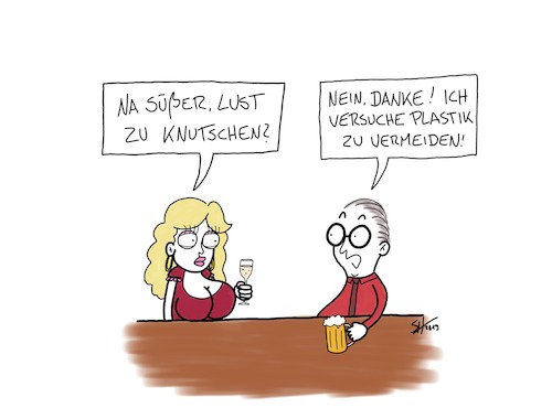 Cartoon: Plastik vermeiden (medium) by SteffenHuberCartoons tagged plastik,kunststoff,umweltverschmutzung,schönheitsoperatin,bar,date,flirt,ökologie,plastik,kunststoff,umweltverschmutzung,schönheitsoperatin,bar,date,flirt,ökologie,lippen,aufgespritzt,brüste,silikon