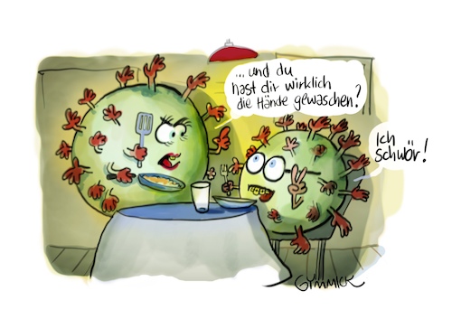 Cartoon: Hände waschen (medium) by GYMMICK tagged virus,viren,corona,convid,19,essen,mittagessen,familie,tisch