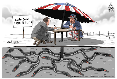 Cartoon: Safe Zone Negotiations (medium) by Mikail Ciftci tagged safe,zone,negotiations,turkey,syria,usa