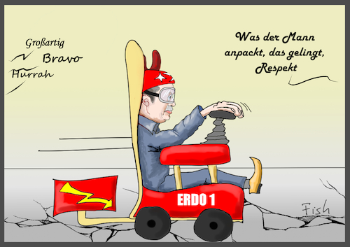 Cartoon: 1. türkisches E-Auto (medium) by Fish tagged erdogan,auto,elektro,türkei,pkw,kfz,erdo,wirtschaft,industrie