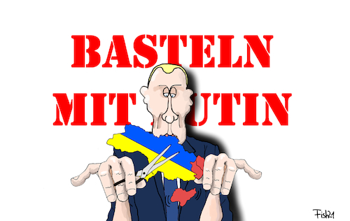 Cartoon: Basteln mit Putin (medium) by Fish tagged putin,russland,ukraine,krim,luhansk,donetzk,bürgerkrieg,überfall,truppen,militär,anektion,schere,landkarte,basteln