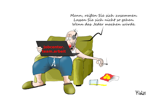 Cartoon: Behörden im Homeoffice (medium) by Fish tagged jobcenter,behörden,zusammenreißen,gehenlassen,sessel,laptop,corona,kontaktbeschränkungen