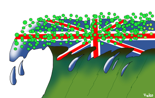 Cartoon: Britische Welle (medium) by Fish tagged corona,welle,mutation,pandemie,ansteckung,erhöhte,lockdown,england,great,britain,europa