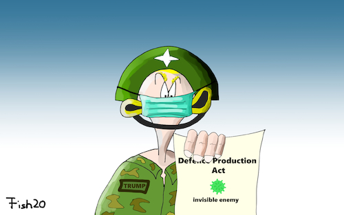 Cartoon: Defence Production Act (medium) by Fish tagged usa,trum,defence,production,act,invisible,enemy,fein,unsichtbar,corona,covid19,seuche,pandemie,epidemie,fish