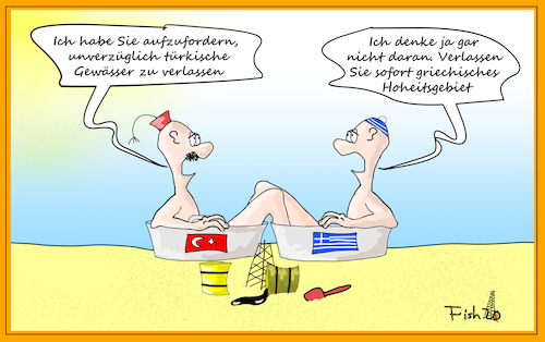Cartoon: Streit in der Ägäis I (medium) by Fish tagged öl,gas,rohstoffe,energie,türkei,griechenland,ägäis,streit,krieg,benzin,generalstan,verwalter,hatice,katherina