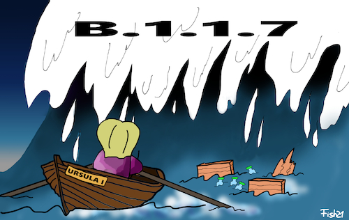 Cartoon: Ursula vor der Welle (medium) by Fish tagged corona,welle,eu,europa,impstoffmangel,impftermine,kommision,von,der,leyen,ursula