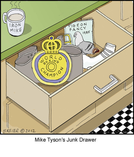 Cartoon: Junk Drawer (medium) by noodles tagged boxing,junk,drawer,mike,tyson,ear,pigeon