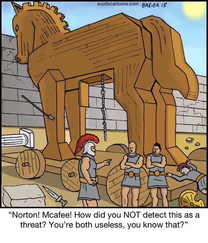 Cartoon: Trojan Horse (medium) by noodles tagged trojan,horse,virus,norton,mcafee,computer