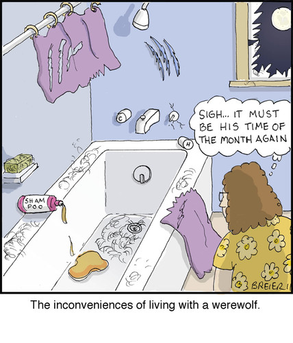 Cartoon: Werewolf (medium) by noodles tagged werewolf,relationships,full,moon,bathroom,shampoo,shower