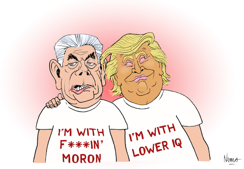 Cartoon: Fuckin Moron (medium) by NEM0 tagged rex,tillerson,donald,trump,fuckin,moron,lower,iq,secretary,of,state,dept,nemo,nem0,petty,things,dirt,talk,washington,dc,swamp,rex,tillerson,donald,trump,fuckin,moron,lower,iq,secretary,of,state,dept,nemo,nem0,petty,things,dirt,talk,washington,dc,swamp