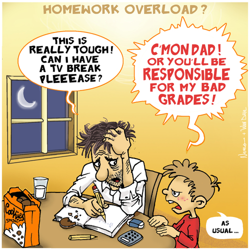 Cartoon: HOMEWORK OVERLOAD (medium) by NEM0 tagged school,schools,homework,student,kid,kids,parent,parents,teach,teacher,schooling,grade,grades