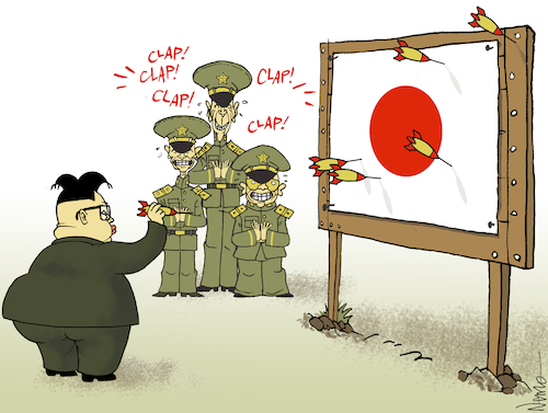 Cartoon: Kim Fires Missiles Over Japan (medium) by NEM0 tagged north,korea,dpkr,kim,jong,un,icbm,japan,nuclear,threat,rogue,state,ballistic,missile,test,generals,cult,of,personality,sycophants,idolatry,dear,leader,dictature,autocrat,dictator,military,weapon,wmd,nem0,north,korea,dpkr,kim,jong,un,icbm,japan,nuclear,threat,rogue,state,ballistic,missile,test,generals,cult,of,personality,sycophants,idolatry,dear,leader,dictature,autocrat,dictator,military,weapon,wmd,nem0