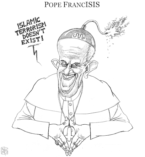 Cartoon: Pope FrancISIS (medium) by NEM0 tagged pope,francis,vatican,christian,antichrist,serpent,isis,terror,terrorism,refugee,immigration,isil,is,sleeper,cell,extreme,vetting,nemo,pope,francis,vatican,christian,antichrist,satan,serpent,isis,terror,terrorism,refugee,immigration,isil,is,sleeper,cell,extreme,vetting,nemo