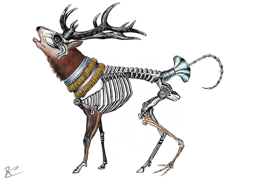 Cartoon: my weird deer (medium) by Battlestar tagged animals,tiere,illustration,drawing,nature,natur,hirsch,deer,skeleton,skelett,bizarr,fiction