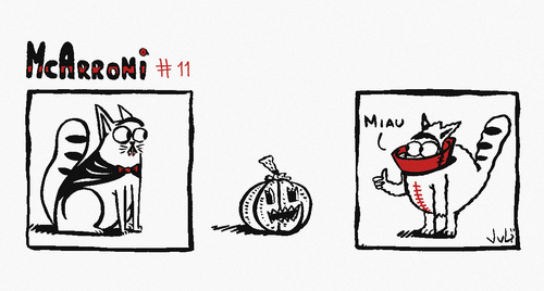 Cartoon: McArroni nro. 11 (medium) by julianloa tagged mcarroni,bird,cat,halloween,costums