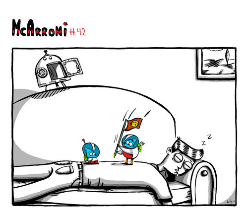 Cartoon: McArroni nro. 42 (medium) by julianloa tagged mcarroni,bird,amadeo,space,astronaut
