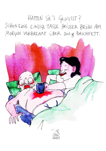 Cartoon: Bauchfett (medium) by Koppelredder tagged reklame,bauchfett,abnehmen,medikamente,brühe,tee,verletzung,verbrennung,unfall,ehe,morgen,bett,aufstehen,reklame,bauchfett,abnehmen,medikamente,brühe,tee,verletzung,verbrennung,unfall,ehe,morgen,bett,aufstehen