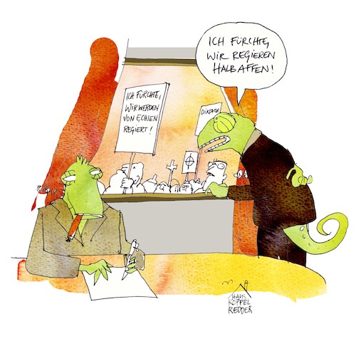 Cartoon: Echsen (medium) by Koppelredder tagged affen,halbaffen,wutbürger,echsen,echsenmenschen,regierung,protest,veerschwörungstheorien,affen,halbaffen,wutbürger,echsen,echsenmenschen,regierung,protest,veerschwörungstheorien