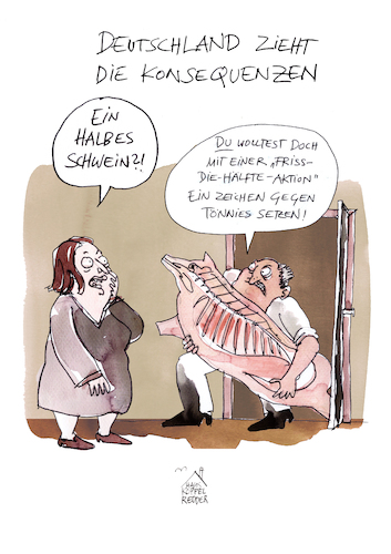 Cartoon: Friss die Hälfte (medium) by Koppelredder tagged tönnies,gütersloh,rhedawiedenbrück,billigfleisch,corona,schweinemast,scheine,schlachtbetrieb,fdh,tönnies,gütersloh,rhedawiedenbrück,billigfleisch,corona,schweinemast,scheine,schlachtbetrieb,fdh