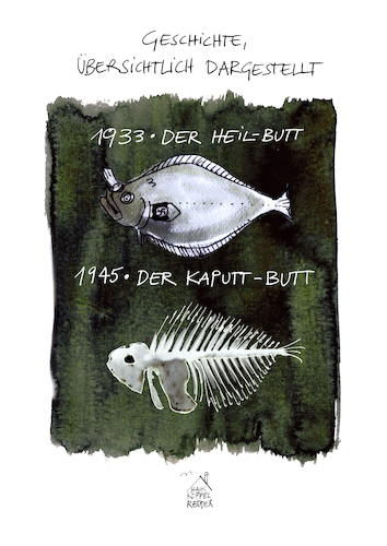 Cartoon: Heilbutt (medium) by Koppelredder tagged heilbutt,butt,kaputt,1933,1945,deutschegeschichte,nationalsozialismus,geschichte,vergessen,erinnern,zweiterweltkrieg,fisch,heilbutt,butt,kaputt,1933,1945,deutschegeschichte,nationalsozialismus,geschichte,vergessen,erinnern,zweiterweltkrieg,fisch