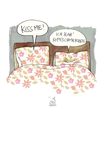 Cartoon: Kiss me (medium) by Koppelredder tagged bett,kissen,küssen,blümchensex,kopfschmerzen,bett,kissen,küssen,sex,blümchensex,kopfschmerzen