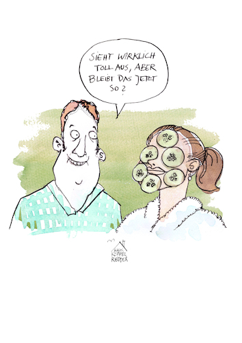 Cartoon: Maske (medium) by Koppelredder tagged gurken,maske,gurkenmaske,beauty,schönheit,wellness,beziehung,haut,bad,gurken,maske,gurkenmaske,beauty,schönheit,wellness,beziehung,haut,bad