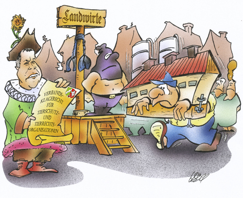 Cartoon: Bauern an den Pranger (medium) by HSB-Cartoon tagged verbandsklagerecht,landwirtschaft,massentierhaltung,politik,bauer,bauern,agrar,agrarindustrie,tier,nutzvieh,minister,umwelverbände,tierschutz,naturschutz,pranger,geißel,stall,hof,schweine,kühe,rinder,bullen,remmel,agrarminister,cartoon,karikatur,airbrush,landwirtschaft,massentierhaltung,bauern,bauer,tiere,agrarindustrie,nutzvieh