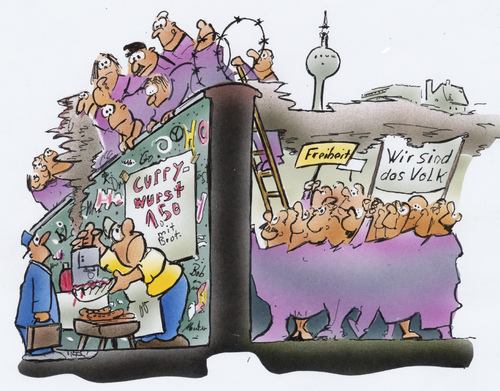 Cartoon: Currywurst (medium) by HSB-Cartoon tagged currywurst,berlin,mauer,essen,imbiss,mauerfall,currywurst,berlin mauer,wurst,essen,mauerfall,imbiss,imbiß,kultur,osten,westen,ost,west,berlin,mauer