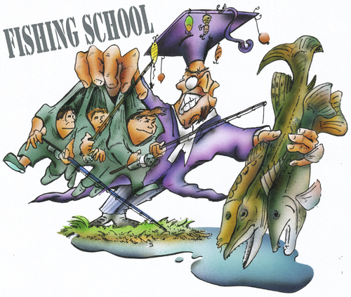 Cartoon: fishing school (medium) by HSB-Cartoon tagged fishing,fish,angel,sport,watr,sea,pupil,teacher,lehrer,schüler,pike,hecht,carp,karpfen,barsch,zander,see,angelschule