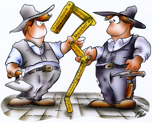 Cartoon: Handwerkerlehre (medium) by HSB-Cartoon tagged handwerk,handwerker,maurer,zimmermann,zimmerer,handwerkszunft,handwerksberuf,bauberuf,baustelle,bauarbeiter,lehre,maurerlehre,zimmermannslehre,schreiner,schreinerlehre,handwerksmeister,handwerksgeselle,meister,geselle,auszubildender,azubi,cartoon,cartoonmootiv,cartoonzeichner,cartoonist,zollstock,meßlatte,beruflicher,werdegang,zunft,innung,handwerkerzunft,handwerkerinnung,berufsausbildung,dachdecker,dachdeckerberuf,zimmermannskluft,maurerkluft,maurerpolier,vorarbeiter,messlatte,bauunternehmer,baumeister,handwerk,handwerker,maurer,zimmermann,zimmerer,handwerkszunft,handwerksberuf,bauberuf,baustelle,bauarbeiter,lehre,maurerlehre,zimmermannslehre,schreiner,schreinerlehre,handwerksmeister,handwerksgeselle,meister,geselle,auszubildender,azubi,cartoon,cartoonmootiv,cartoonzeichner,cartoonist,zollstock,meßlatte,beruflicher,werdegang,zunft,innung,handwerkerzunft,handwerkerinnung,berufsausbildung,dachdecker,dachdeckerberuf,zimmermannskluft,maurerkluft,maurerpolier,vorarbeiter,messlatte,bauunternehmer,baumeister