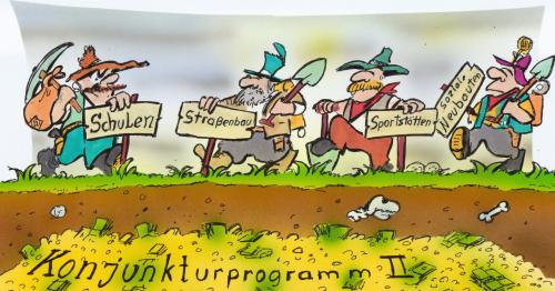 Cartoon: Konjunkturprogramm 2 (medium) by HSB-Cartoon tagged konjunkturprogramm,politik,geld,steuer,aufschwung,krise,wirtschaft,merkel,cdu,koalition,claim,goldsucher,bank,banken,wirtschaft,wirtschaftskrise,finanzen,geld,schulden,pleite,finanzkrise,konjunkturprogramm,konjunktur,steuer,steuerzahler,angela merkel,cdu,koalition,claim,goldsucher,angela,merkel