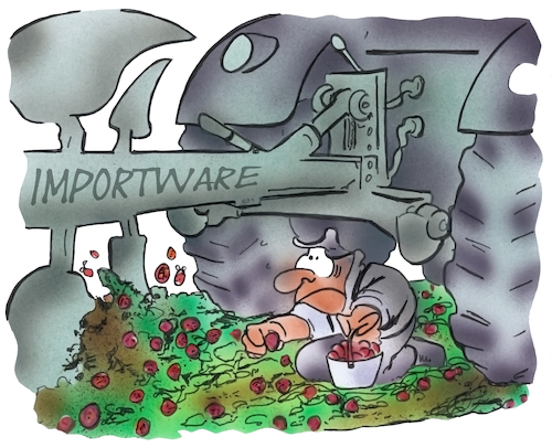 Cartoon: Lebensmittelimport (medium) by HSB-Cartoon tagged landwirtschaft,lebensmittelindustrie,lebensmittelanbau,bauern,bauernhof,agrar,pflügen,gemüseanbau,gemüsebauer,getreideanbau,lebensmittelknappheit,höfesterben,feldfrüchte,globalisierung,cartoon,landwirtschaft,lebensmittelindustrie,lebensmittelanbau,bauern,bauernhof,agrar,pflügen,gemüseanbau,gemüsebauer,getreideanbau,lebensmittelknappheit,höfesterben,feldfrüchte,globalisierung,cartoon