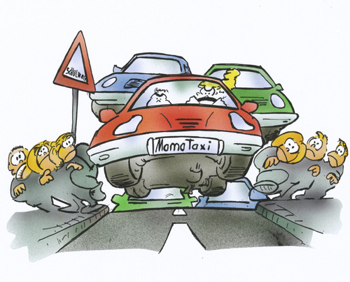 Cartoon: Mamataxi (medium) by HSB-Cartoon tagged schule,schüler,kinder,kids,school,aut,parkplatz,eltern,mütter,väter,mutter,vater,papa,mama,taxi,strase,verkehr,cartoon,karikatur,airbrush,schule,kinder,schüler,parkplatz,eltern,mütter,familie