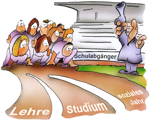 Cartoon: Nach der Schule (medium) by HSB-Cartoon tagged schule,lehre,schulabschluß,ausbildung,studium,schüler,soziales,jahr,studieren,lehrling,student,bildung,universität,beruf,berufswahl,schule,lehre,schulabschluß,ausbildung,studium,schüler,soziales,jahr,studieren,lehrling,student,bildung,universität,beruf,berufswahl