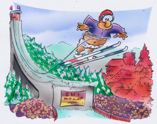 Cartoon: Ski jumping (medium) by HSB-Cartoon tagged skijumping,sport,winter,athlet,ski,skispringen,sport,wintersport,athlet,sportler,winter,springen,skisprung,sportkleidung,kleidung,outfit,nackt,peinlichkeit,peinlich,missgeschick,zuschauer,hose,verlieren,verlust