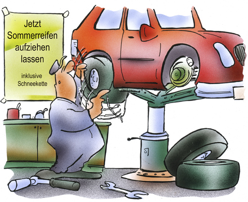 Cartoon: Sommerreifen (medium) by HSB-Cartoon tagged winter,winterreifen,sommerreifen,werkstatt,auto,reifenwechsel,mechaniker,hebebühne,jahreszeit,schneeketten,autoreifen,airbrush,winter,winterreifen,sommerreifen,werkstatt,auto,reifenwechsel,mechaniker,hebebühne,jahreszeit,schneeketten,autoreifen,airbrush