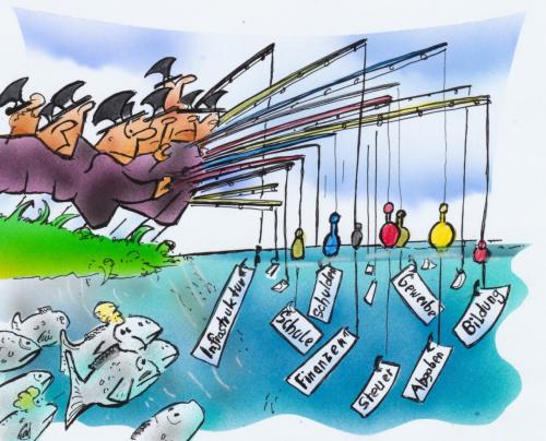 Cartoon: Wahlangeln (medium) by HSB-Cartoon tagged wahl,polizik,wähler,votum,angeln,wahlprogramm,infrastruktur,bildung