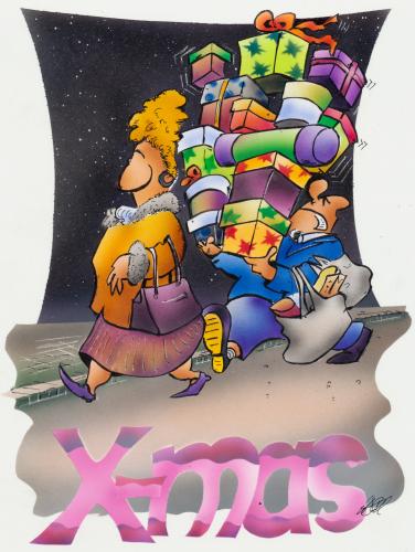 Cartoon: X-mas (medium) by HSB-Cartoon tagged christmas,xmas,weihnachten,weihnacht,heiligabend,beschwerung,geschenke,geschenk,ehepaar,ehe,mann,frau,frauen,schleppen,last,shopping,konsum,konstument,konstumgesellschaft