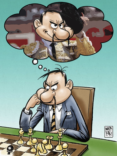 Cartoon: bullfighter chessplayer (medium) by Wadalupe tagged bullfighter,chess,player,tournament,sport,thinking