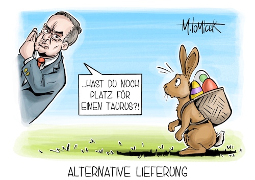 Cartoon: Alternative Lieferung (medium) by Mirco Tomicek tagged scholz,pistorius,taurus,lieferung,lieferungen,ukraine,raketen,waffen,waffenlieferung,krieg,russland,ostern,osterhase,ostereier,cartoon,karikatur,pressekarikatur,mirco,tomicek,scholz,pistorius,taurus,lieferung,lieferungen,ukraine,raketen,waffen,waffenlieferung,krieg,russland,ostern,osterhase,ostereier,cartoon,karikatur,pressekarikatur,mirco,tomicek